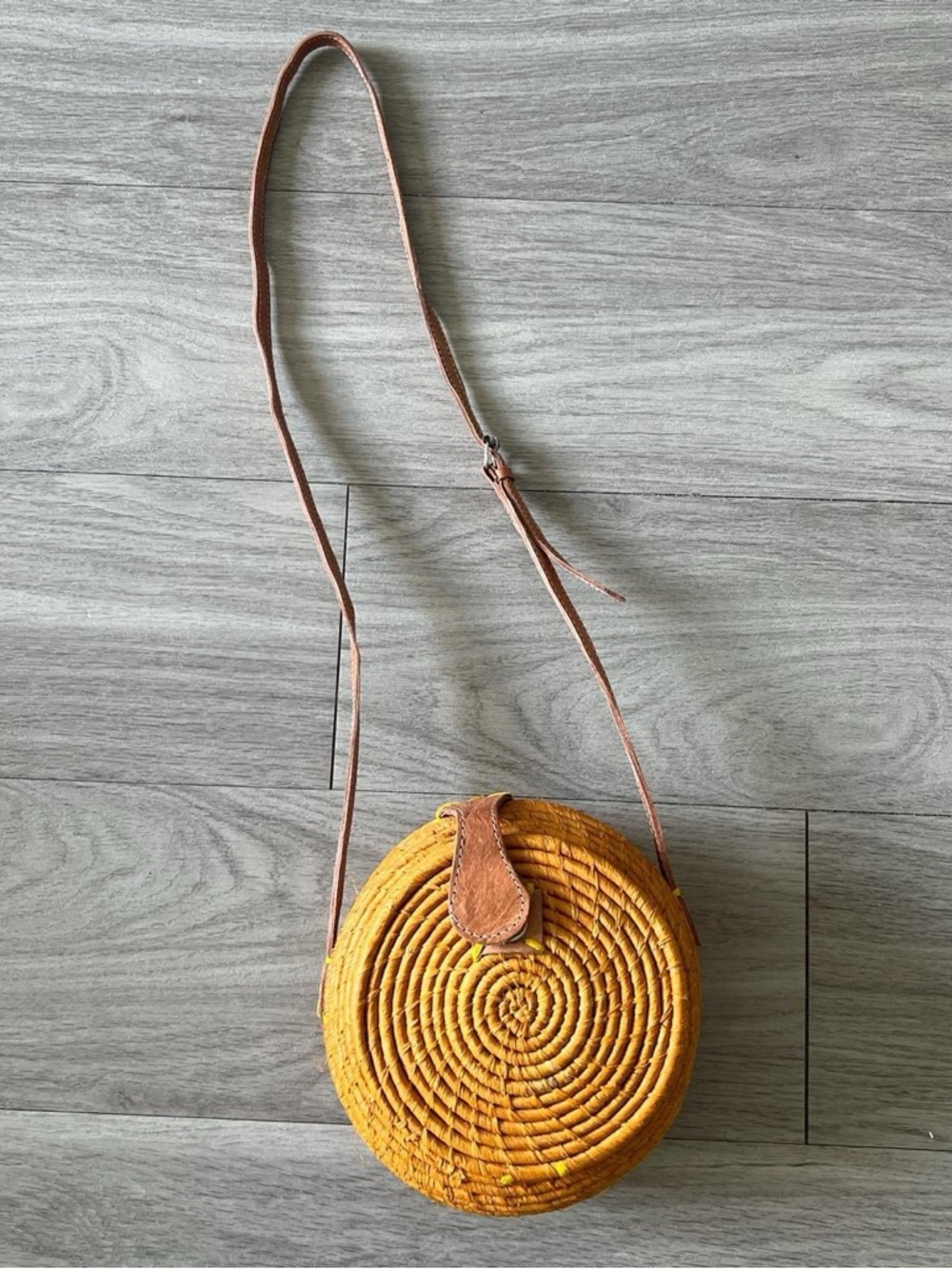 Vintage Round Woven Crossbody Bag in Mustard Yellow with Brown Strap